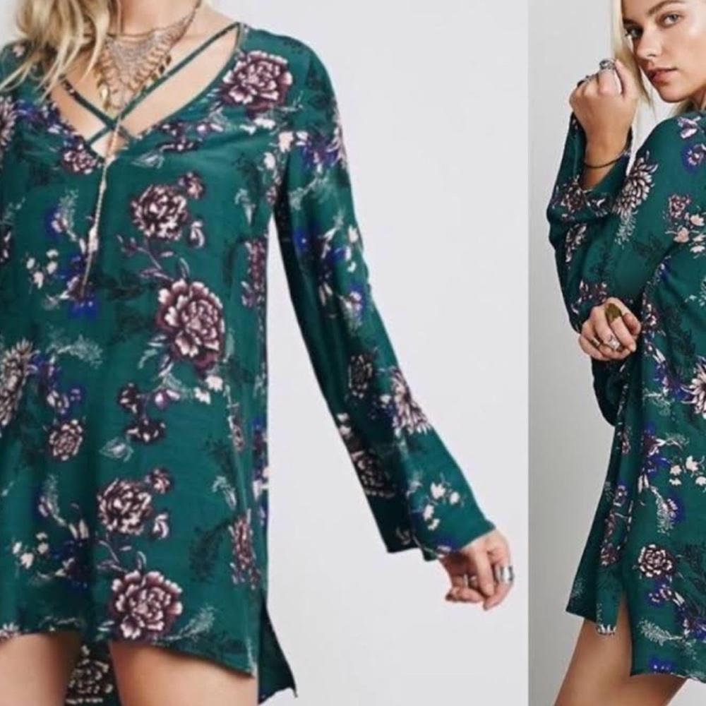 Free People Dark Green Floral Blouse